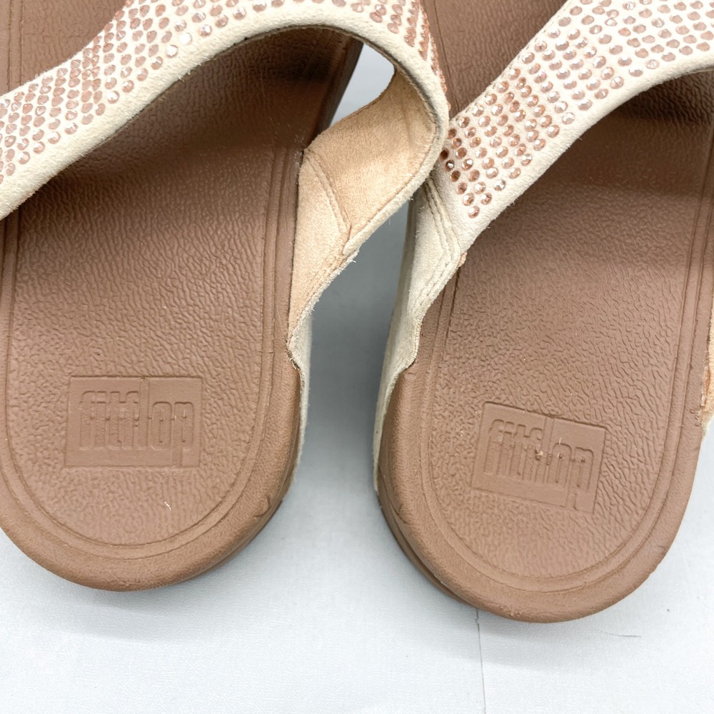 FitFlop Womens 8 Lulu Crystal Embellished Suede Sandals Beige Tan Thong Comfort - Picture 9 of 12